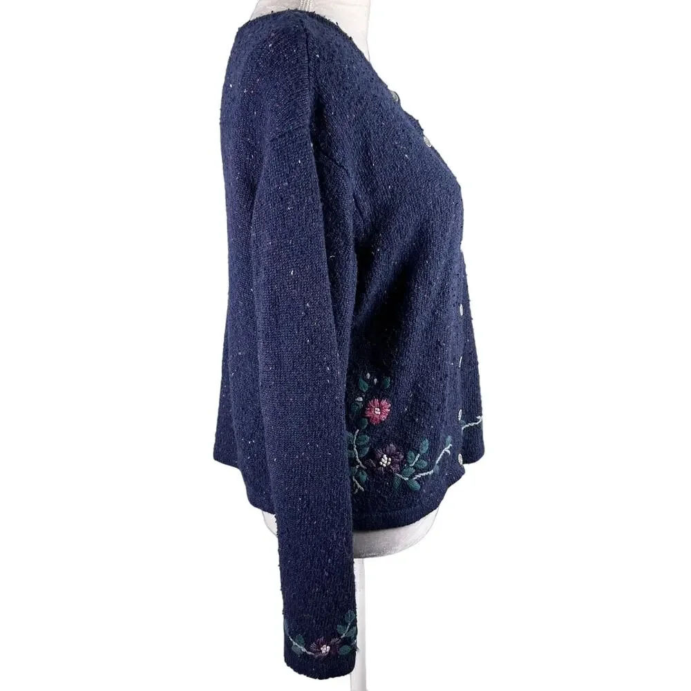 Northern Reflections Sweater Cardigan Large Navy Pink Floral L